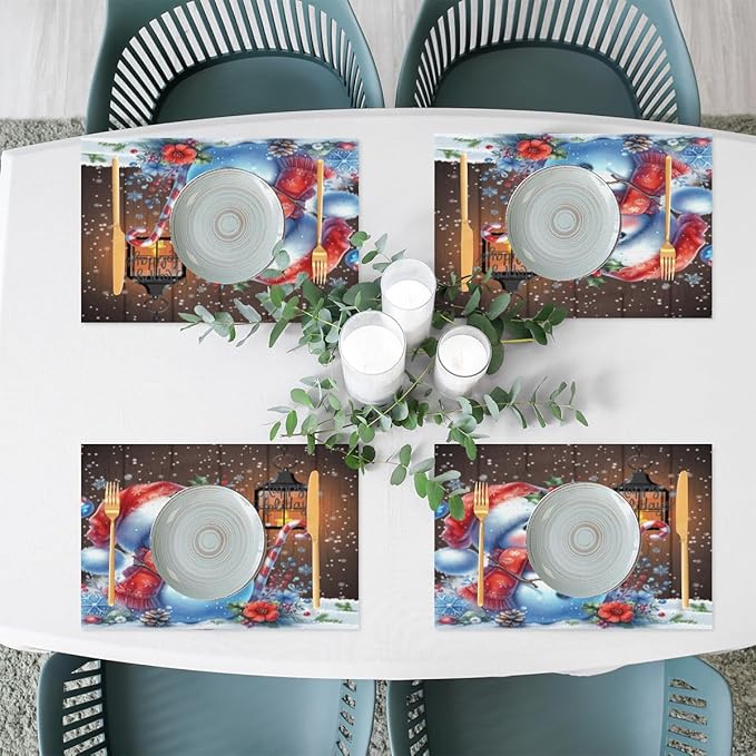 Christmas Art Snowman Snowflake Placemats Set of 4 PVC Vinyl Non Slip Table Mats Heat Resistant Place Mats Washable Wipeable Dining Table Mat for Kitchen Decor Party Indoor Outdoor Decorative Gift