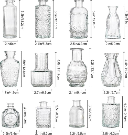 12 Pcs Small Glass Bud Vase Set of，Mini Vintage Vases in Bulk, Clear Bud Vases for Centerpieces， Rustic Wedding Decorations，Home Table Flower Décor.