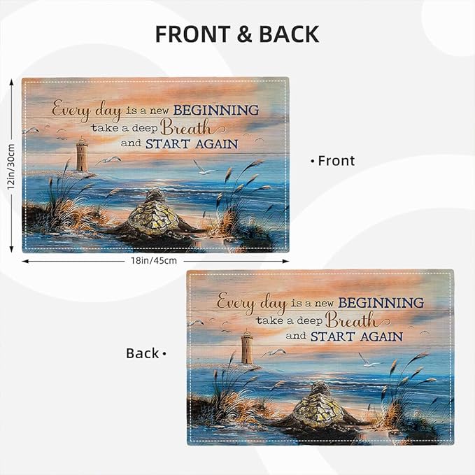 Sea Turtle Beach Summer Placemats Set of 4 Coastal Lighthouse Nautical Inspirational Quotes Double-Sided Table Mats for Dining Room Home Party Indoor 4 PCS 12x18 Inch