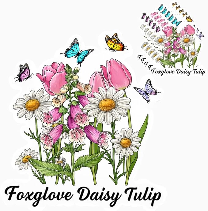 HANDICHI Design 5-Pack 4 Inch Foxglove Daisy Tulip Stickers – Floral Vinyl Decals, FDT Bumper Stickers, Waterproof Aesthetic Flower Sticker Pack for Laptops, Water Bottles, Journals