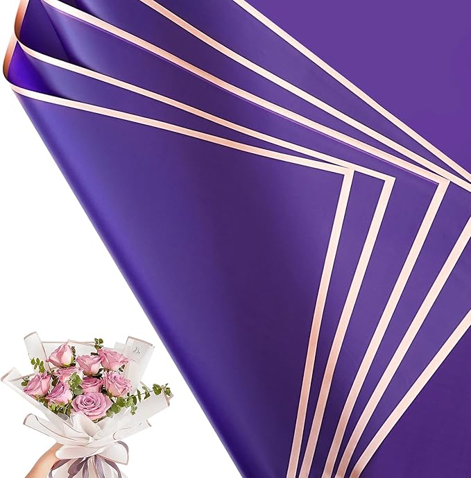 Bupduq 30 Sheets Purple Gold Edge Flower Bouquet Wrapping Paper，Florist Supplies Waterproof Floral Bouquet Wrapping Paper Bouquet Accessorie，Flower Shop Packaging Pape for DIY Gift Wedding Birthday