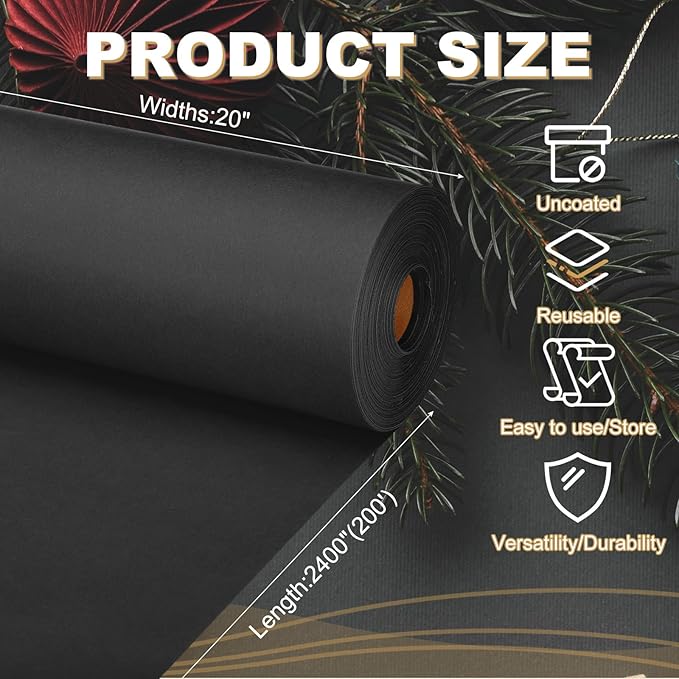 PATIKIL Wrapping Paper, 20"x2400"(200') Bulletin Board Paper Roll Kraft Paper Roll Construction 80GSM for Shipping Packing Gift Wrapping Craft Flower Bouquet Christmas, Black