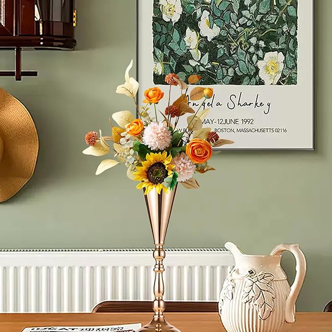 10 Pcs Flower Trumpet Vases Table Decorative Centerpiece Gold Tall Flower Vase, 16.5 Inch Metal Wedding Vases Arrangement Flower Stand for Ceremony Party Birthday, Weddings, Home Decoration