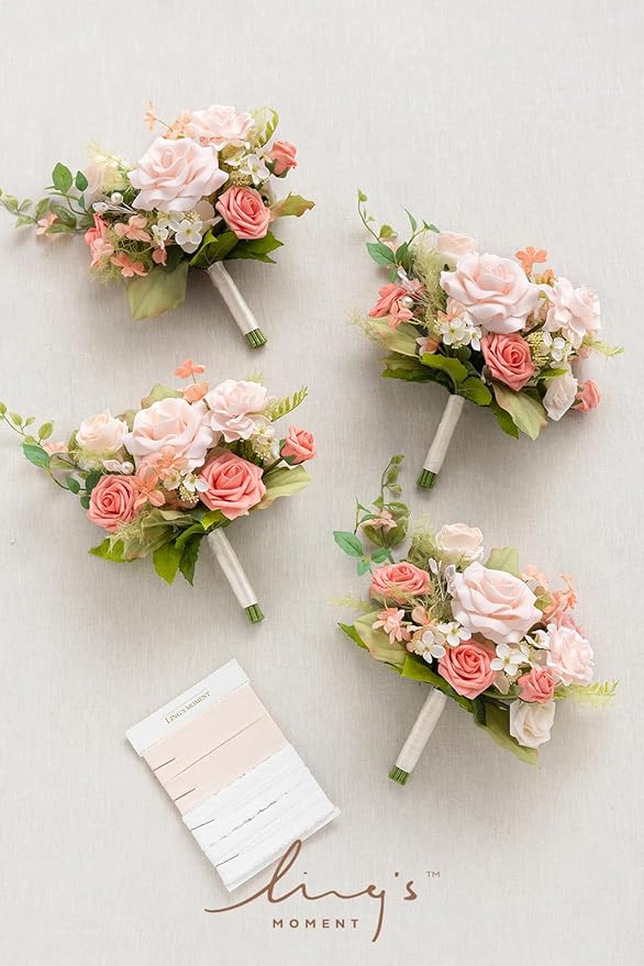 Ling's moment Artificial Flowers Pink Bridesmaid Bouquet Set of 4, Blush Garden Wedding Flowers Bouquets for Bridesmaids, 7 Inch Bridal Bouquets for Bridesmaids, Wedding, etc