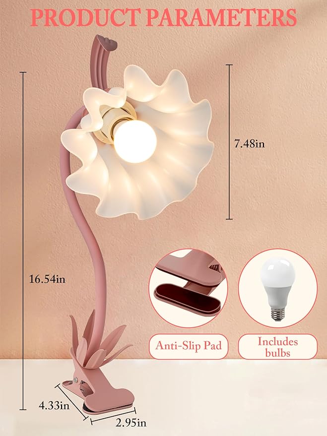 Flower Desk Lamp,LED Reading Light 360°Rotation Clip on Lamps,Vintage Flower Bedside Night Light,3 Colors Modes Book Lights Decor for Bedroom Bed Headboard Office Lighting Home Decoration (Pink)