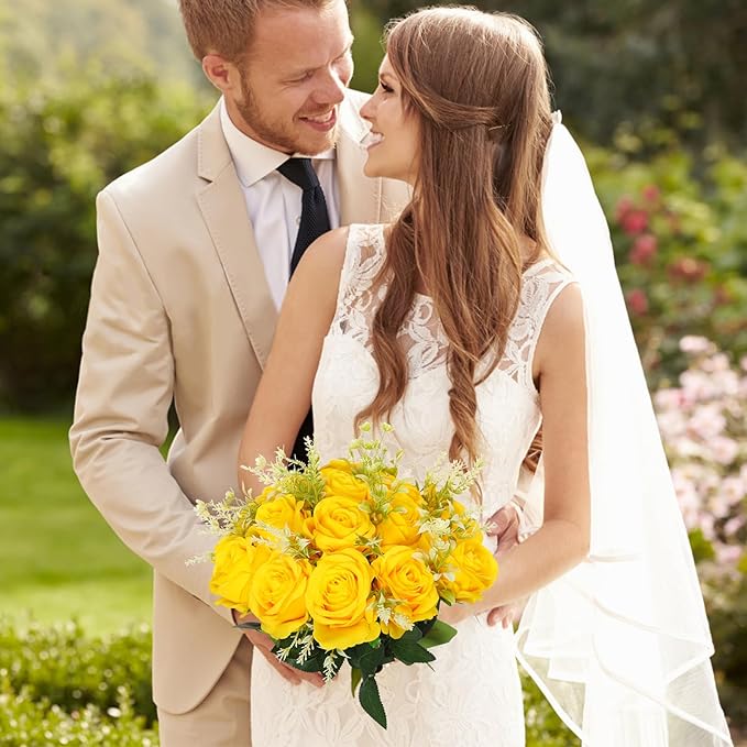 50PCS Artificial Silk Roses in Bulk & Bouquet Long Stem – Realistic Fake Roses for Wedding Centerpieces, Home Decor, Floral Arrangements, Party Decoration (Yellow)