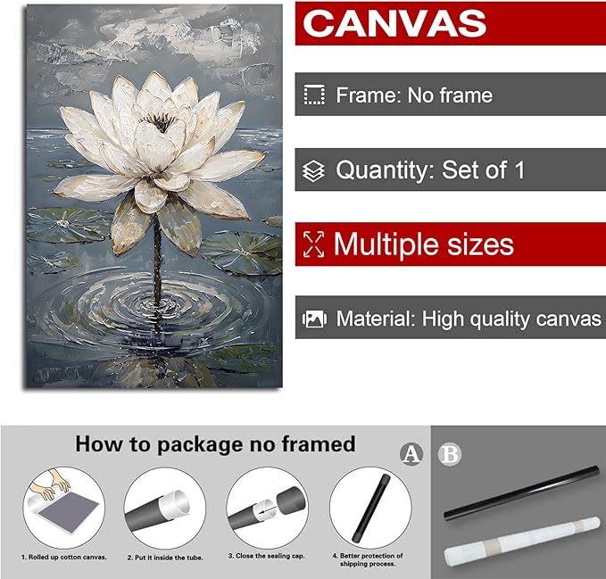 Stunning white lotus emerges from prismatic water with delicate petals background Serene aquatic wall art suitable for modern minimalist decor 20x30in Frameless