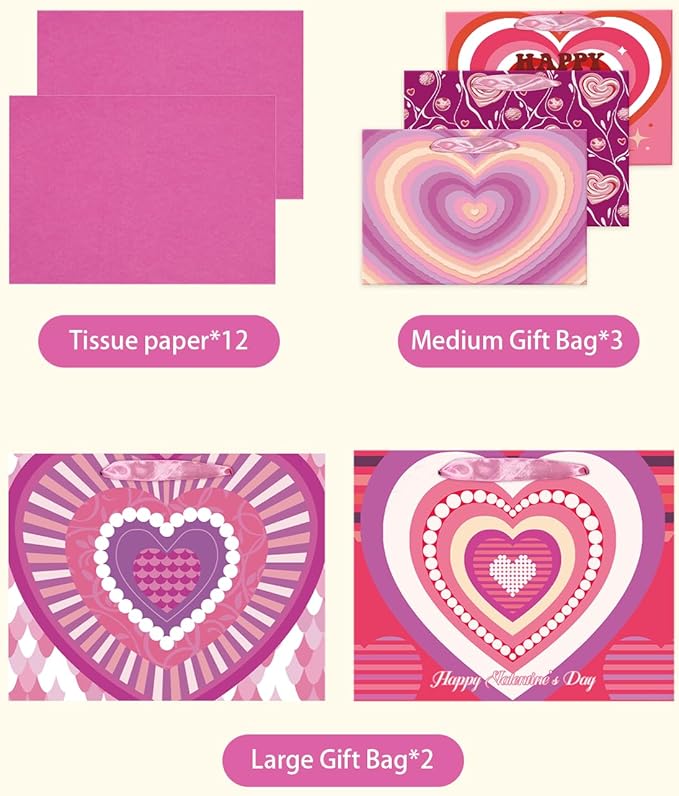 qiqee Valentine 5PCS Wide Gift Bag with Tissue Paper Assorted Size Present Wrap Bags For Lover (3 PCS Medium Size+2 PCS Large Size)