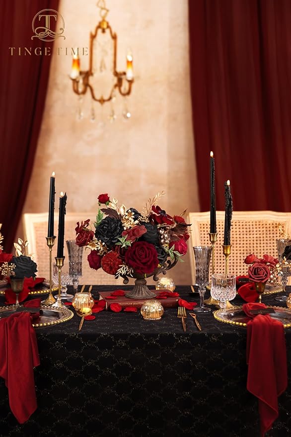 TINGE TIME Rose Artificial Flowers Combo, Fake Foam Roses with Stems for DIY Autumn Wedding Bridal Shower Decorations Party Table Centerpieces Fake Floral Arrangement Home Decor(Gothic Black and Red)
