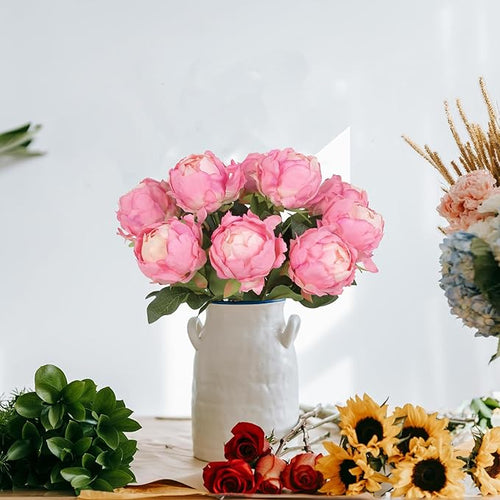 10pcs Pink Peonies Artificial Flowers Fake Silk With Single Stem for Wedding Table Centerpieces Home Decorations Bridal Bouquets Floral Arrangements (Deep Pink)