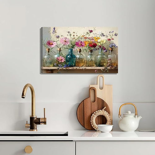 1Pcs Framed Retro Farmhouse Flowers Canvas wall art Colorful wildflowers Posters Prints Colored glass bottles Artwork Pictures Printing Wall Decor for Living Room Bedroom Bathroom Home Decoration