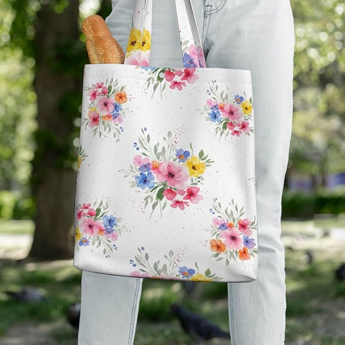 Canvas Tote Bag, Floral Bouquet Aesthetic Cute Girls Women Reusable Grocery Shopping Shoulder Bags for Book, Travel, Work
