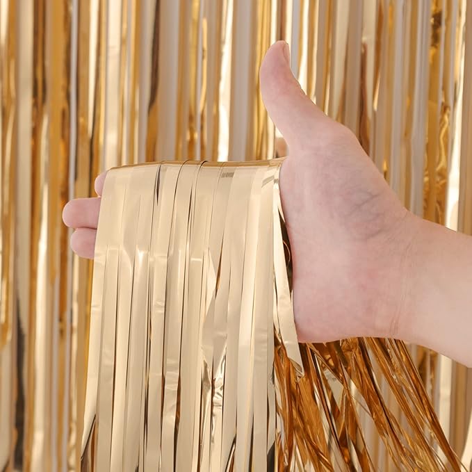 4 Pack Champagne Foil Fringe Backdrop Curtains, Tinsel Streamers Birthday Party Decorations, Fringe Backdrop for Graduation, Baby Shower, Gender Reveal, Disco Party