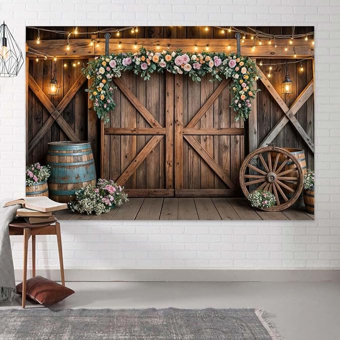 10x8ft Country Wedding Photography Backdrop Rustic Barn Door Photography Backdrop Farmhouse Pink Flower Cabin Wooden Birthday Baby Shower Wedding Bridal Party Banner Photo Booth Props Background