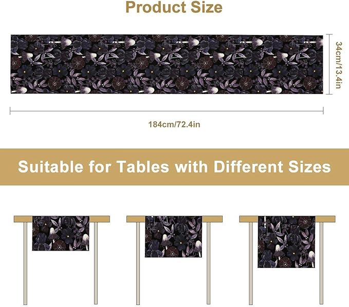 Gothic Floral Table Runner, Dark Purple Vintage Garden Flower Witchy Mushroom Farmhouse Coffee Table Center Decor for Home Kitchen Dining Patio Holiday Party Table Decorations 13x108 inches