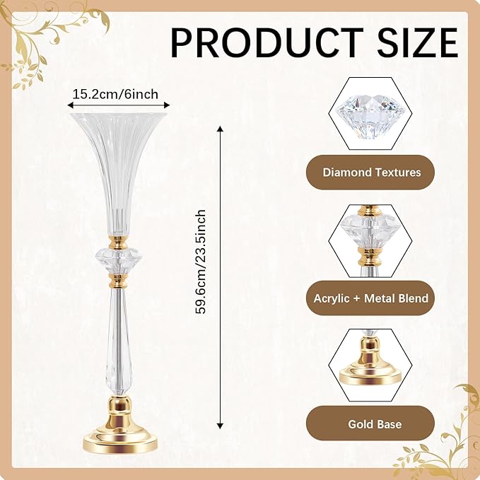 VIJIV Tall Crystal Acrylic Flower Vases for Centerpieces, 23.6" Large Clear Decorative Trumpet Vases, Wedding Flower Stand with Ribbed, Table/Floor Vase for Bridal Showers & Dining Room, Home Décor