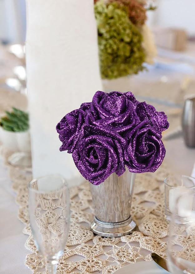 Purple Glitter Roses 30pcs Purple Foam Roses with Glitter 2.56" Fake Glitter Flowers Rose Decoration for Baby Shower Flower Centerpieces for Table