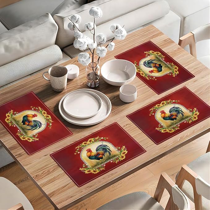Rooster Sunflower Placemats Set of 4, Farmhouse Country Farm Chicken Animal Red Double-Sided Table Mats for Kitchen Dining Room Home Party Indoor Decor 4 PCS 12x18 Inch