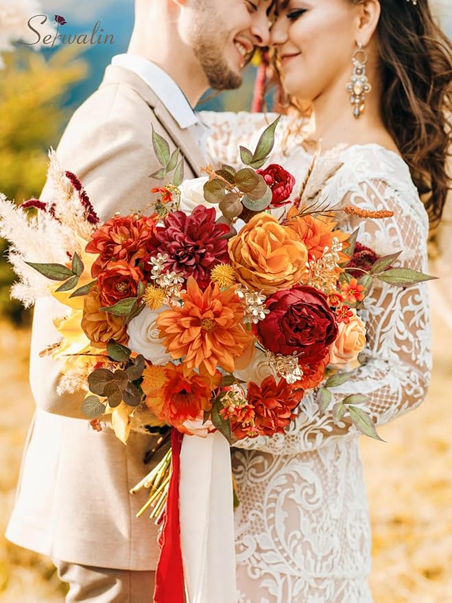 Serwalin Artificial Flowers Orange Burgundy Fall Fake Flowers for DIY Table Centerpieces for Wedding Bouquets Centerpieces Arrangements Silk Flowers Party Baby Shower Home Decorations