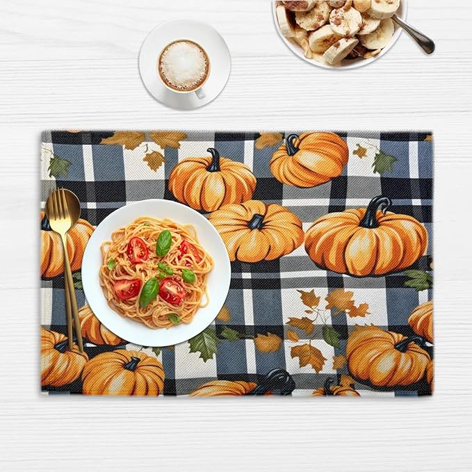 Halloween Pumpkin Placemats Set of 6, Washable Linen Place Mats, Black Buffalo Plaid Table Mats for Kitchen Dining Table Decor Heat Resistant Tablemats 12x18
