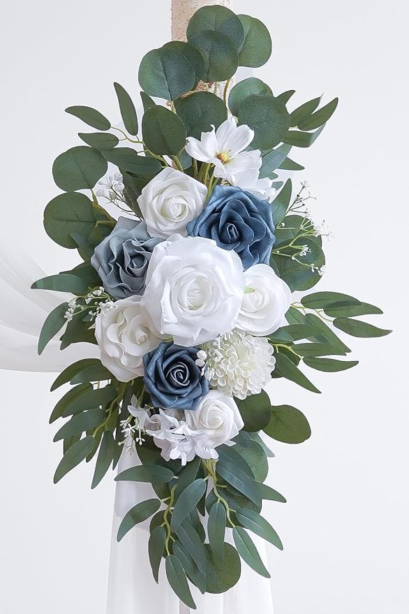 Dusty Blue Artificial Wedding Arch Flowers Kit (Pack of 3) with 26Ft White Shiny Arch Draping Fabric for DIY Wedding Party Ceremony Reception Backdrop Floral Decoration