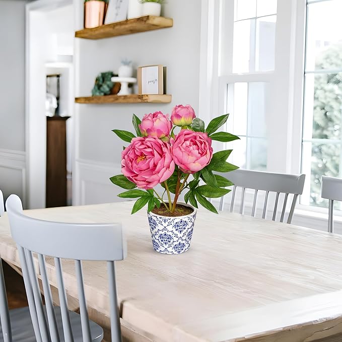 Briful Faux Peony Flowers in Blue and White Ceramic Pot – 13.8" Realistic Silk Peonies Artificial Peony Floral Arrangement Fake Potted Peony Flowers for Home Office Room Desk Shelf Decoration(Pink)