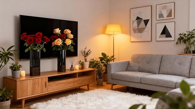 Shatterproof Acrylic Flower Vase with Wood Base–10”H*4.7''W Modern Table Centerpiece for Home Office Decor, Holds Fresh/Dried Stems, Lightweight&Stable, Present for Housewarming Christmas(Rectangular)