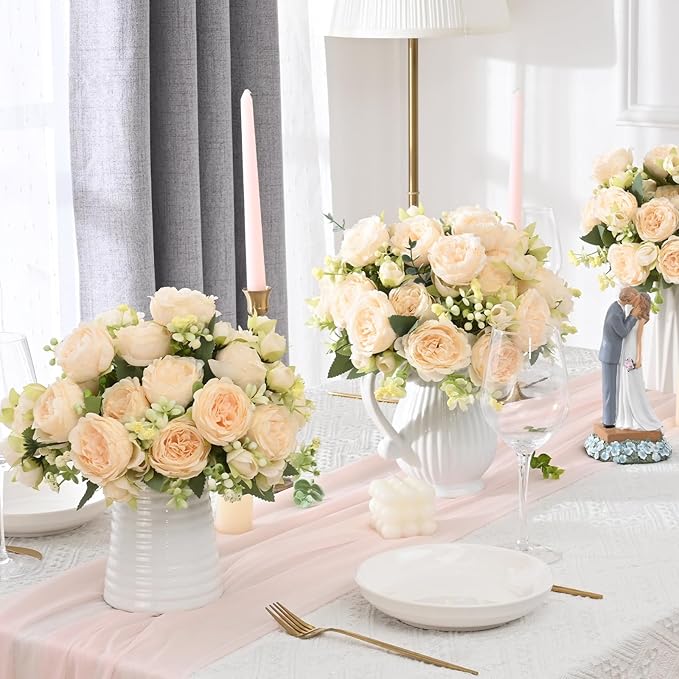 MARTINE MALL 4 Packs Peonies Artificial Flowers, Champagne Artificial Peonies, Silk Peonies Flowers Fake Peonies Artificial Flowers Peonies Bouquet for Centerpiece Table Wedding Party Home Decor