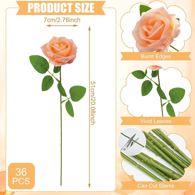 36 Pcs Peach Pink Artificial Roses with Long Stems, Fake Silk Rose Artificial Flowers Bulk for Bridal Wedding Bouquet Centerpiece Ball Arrangement Party Decor