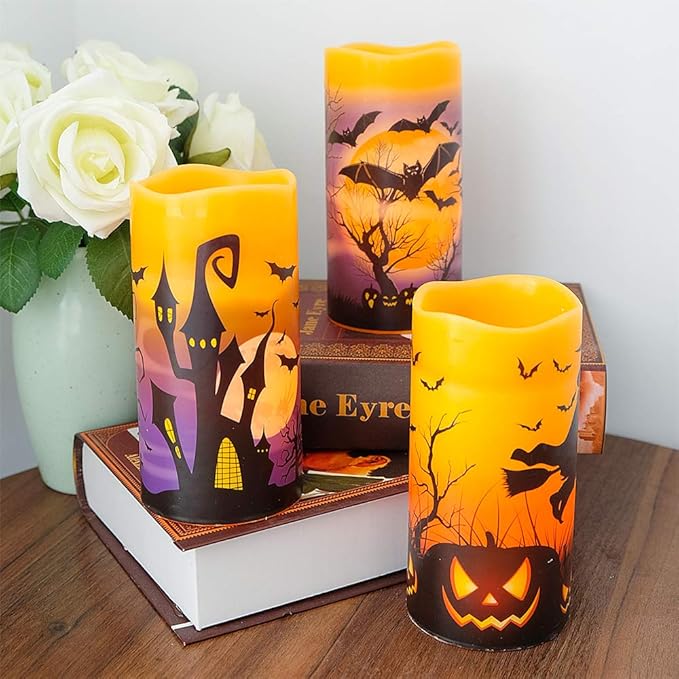 DRomance Flameless Candles Battery Operated with 6 Hour Timer, Halloween Decals Real Wax LED Flickering Pillar Candles Set of 3 Indoor Halloween Window Table Decor(3 x 6 Inches)
