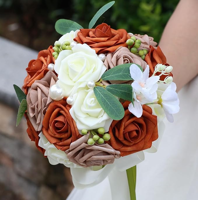 Lightweight Bridal Wedding Bouquet Round Holding Bouquet Throw Toss Artificial Rose Flower Bunch for Bride Bridesmaid Wedding Quinceanera (Cream, Coral & Rosy Brown, 6.7")