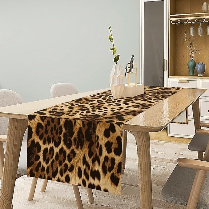 Leopard Skin Print Table Runner, Vintage Cottage Country Farmhouse Wildlife Safari Animal Skin Dinner Runner for Home Kitchen Dining Table Party Holiday Decor 13x60in
