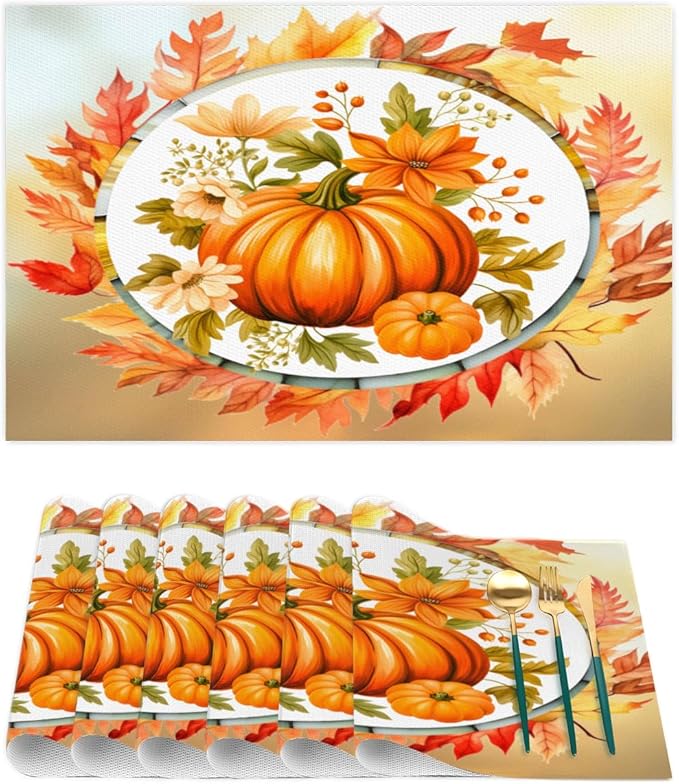 Fall Autumn Flower Pumpkin Placemats Set of 4 PVC Vinyl Non Slip Table Mats Heat Resistant Place Mats Washable Wipeable Dining Table Mat for Kitchen Decor Party Indoor Outdoor Decorative Gift