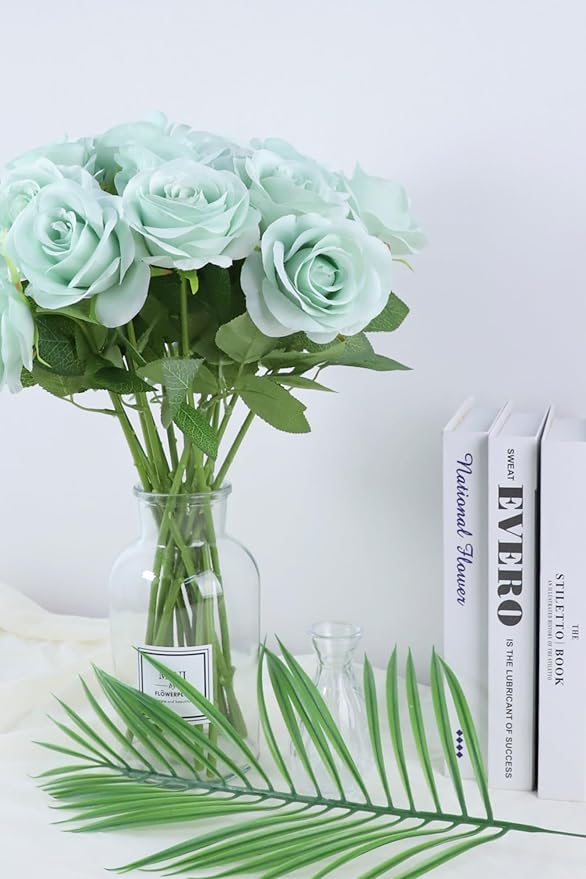 12pcs Roses Artificial Flowers Real Touch Fake Flowers with Long Stems Silk Flowers for Wedding Bouquet Centerpices Decorations Party Bridal Baby Shower Home Decor (Sage Green)