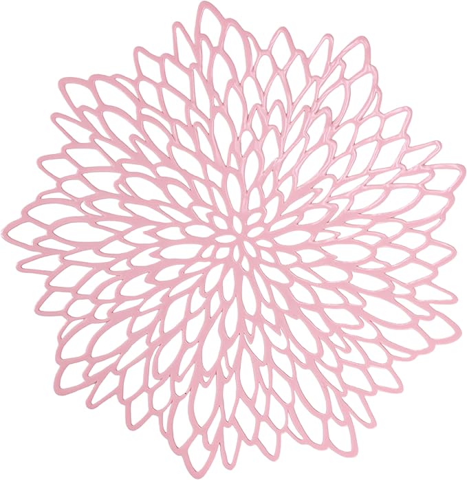 Snowkingdom Pink Placemats Set of 8, Round Vinyl Pink Flower Place Mats 15 Inch Fancy Dinning Floral Table Mats for Wedding Birthday Baby Shower Easter Halloween Christmas Holiday Party Decoration