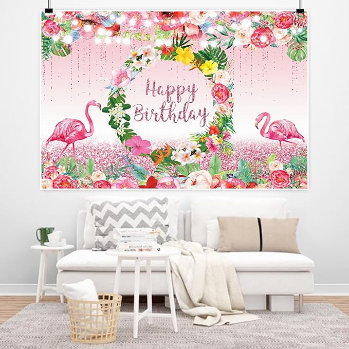 Renaiss 9x6ft Pink Flamingo Happy Birthday Backdrop Tropical Leaves Floral Hoop Winkle Hawaiian Photography Background Luau Aloha Party Decor Girls Birthday Photo Props Dessert Gift Table Banner