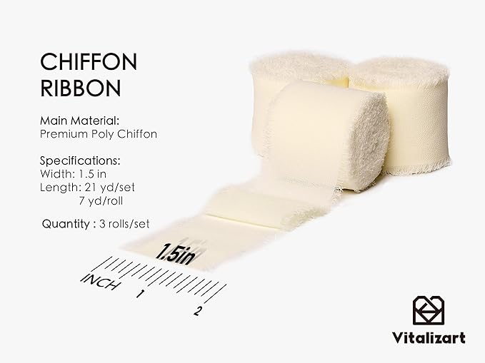 Vitalizart Cream White Handmade Chiffon Silk Ribbon Fringe 3 Rolls 1.5" x 21 Yd Ivory Frayed Edges Ribbons for Wedding Invitations Bridal Bouquets Gifts Wrapping Crafts Holiday Decor