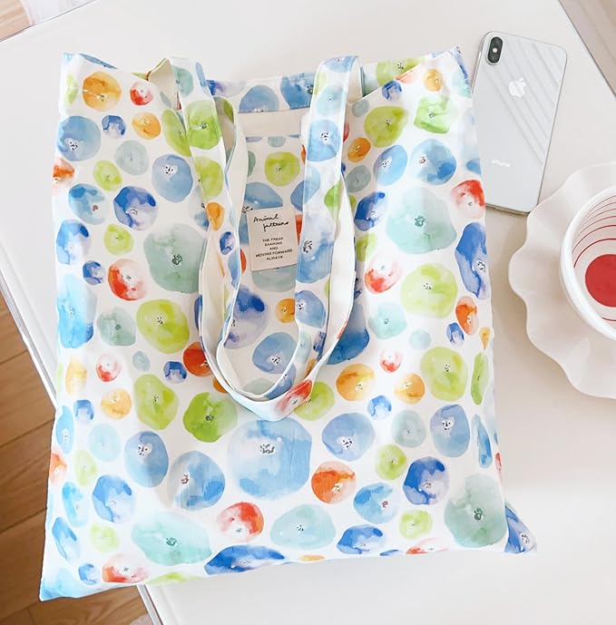Cotton Canvas Tote Bag Reusable Soft Grocery Cloth Bag Floral Shoulder Bag for Beach Travel Shopping