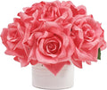 WELL KNOWN Artificial Flowers in Vase, Silk Rose Arrangement Mini Potted Realistic Fake Flowers with Ceramic Vase for Wedding Vanity Home Centerpiece Coffee Table Bathroom Anniversary Decor (Hot pink)