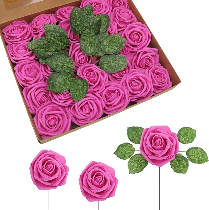 JOYLEX 100PCS Hot Pink Artificial Flowers Realistic Roses, Real Looking Fake Roses with Stem for DIY Wedding Bouquets Centerpieces Bridal Shower Party Home Romantic Decorations (Hot Pink, 100pcs)