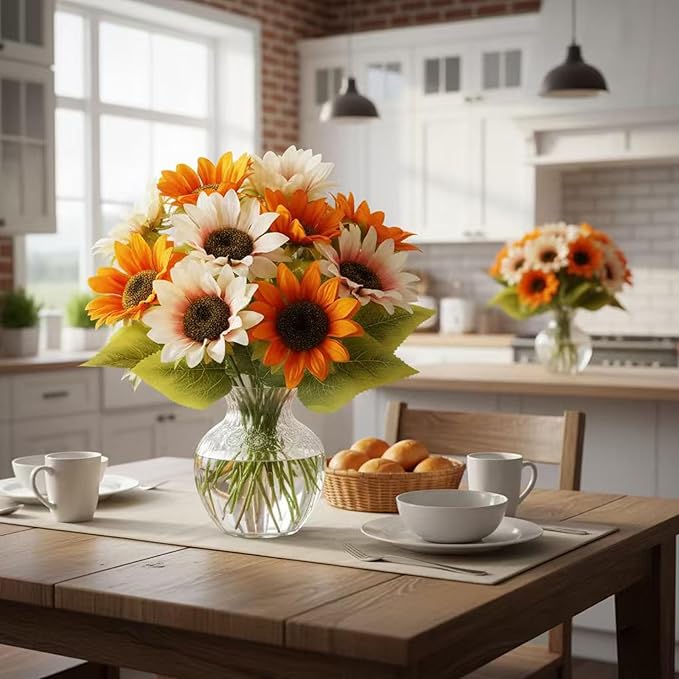 10 Pack Sunflowers Artificial Flowers - Realistic Fake Sunflowers for Home Decor, UV Resistant Silk Flowers for Wedding Centerpieces Farmhouse Office Outdoor Decoration (5 Orange & 5 White)