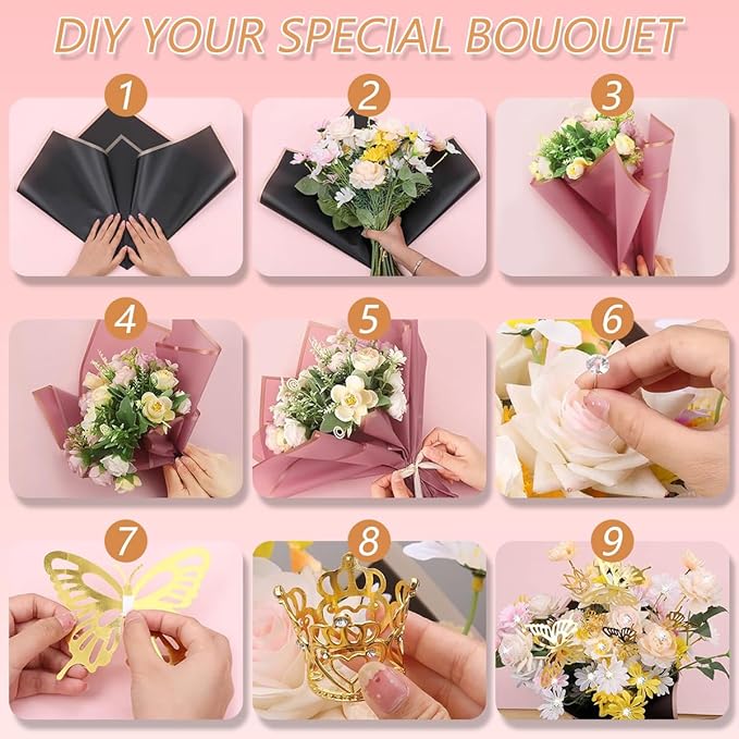 BAO-HUA-A2 Floral Bouquet Wrapping Kit, 60 Sheets Waterproof Paper, Black Pink Beige With Ribbons, Flower Pins, 3D Butterflies & Crowns for Florist Wrap