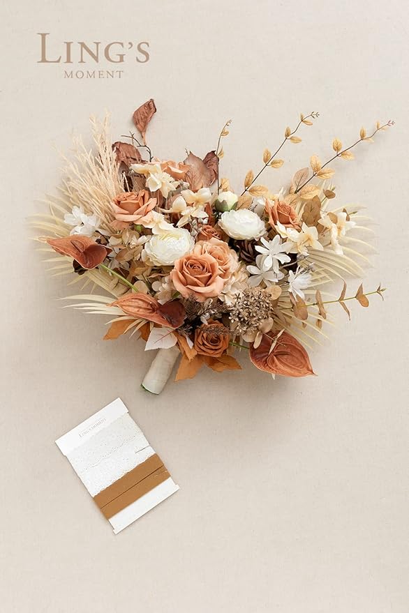 Ling's moment Boho Bridal Bouquet, Rustic Wedding Bouquets for Bride, 17 Inch Silk Free Form Fall Terracotta Artificial Wedding Flower Bouquet