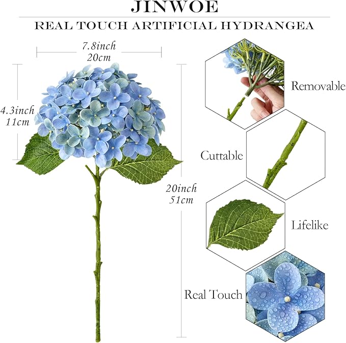 4Pcs Hydrangea Artificial Flowers, 20" Lifelike Latex Silk Real Touch Faux Hydrangea Flowers, Artificial Hydrangeas Bouquet for Wedding Centerpieces Tables Party Home (Blue)