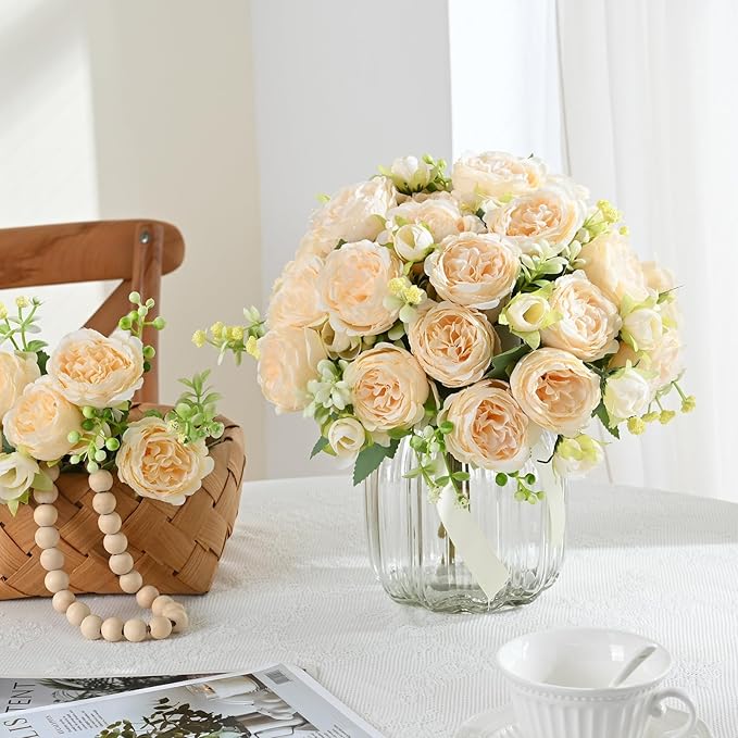 MARTINE MALL 8 Packs Peonies Artificial Flowers, Champagne Artificial Peonies, Silk Peonies Flowers Fake Peonies Artificial Flowers Peonies Bouquet for Centerpiece Table Wedding Party Home Decor