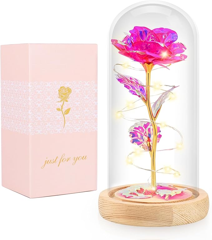 Beferr Mom Birthday Gifts for Women, Galaxy Glass Rose Forever Preserved Flowers for Delivery Prime Light Up Rose in Glass Dome Christmas Rose Gifts for Her Wife Daughter Friends, Pink