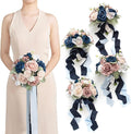 Ling's moment Artificial Flowers Dusty Rose Pink & Navy Blue Bridesmaid Bouquet Set of 4, Wedding Flowers Bouquets for Bridesmaids, 7 Inch Bridal Bouquets for Bridesmaids, Wedding, etc