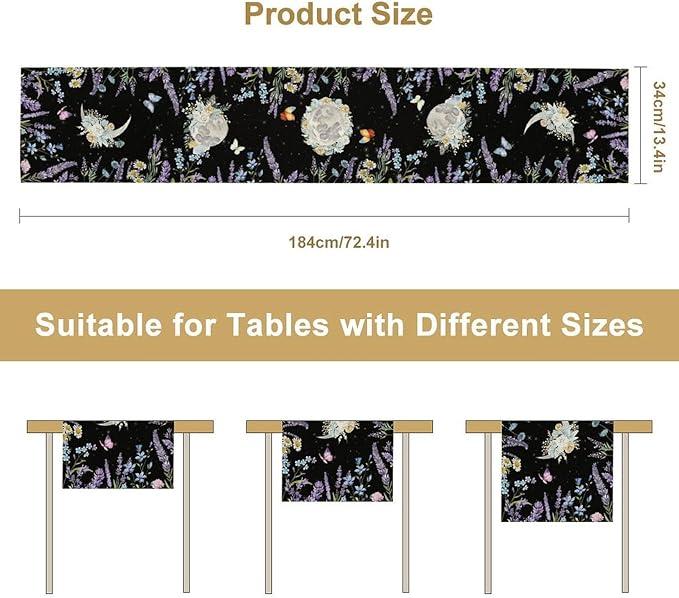 Boho Floral Table Runner, Spring Gothic Moon Phase Wildflower Mystical Witchy Farmhouse Coffee Table Center Decor for Home Kitchen Dining Patio Holiday Party Table Decorations 13x72 inches