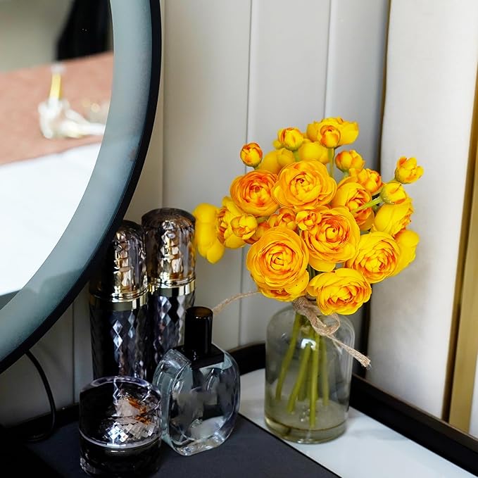 Ranunculus Artificial Flowers with Vase, 2 Pack - 8 Pcs Faux Silk Ranunculus Flower in Vase, Small Flowers Arrangements for Home Decor Indoor, Table Centerpiece. (Yellow)
