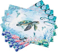 Turtle Ocean Placemats, Cartoon Blue Watercolour Ocean Coral Shell Seahorse Octopus Starfish Animal Print Washable Fabric Placemats Table Kitchen Dining Party 12x18 Inch Set of 4